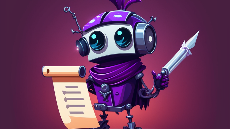 a purple robot holding a pen to a scroll of paper