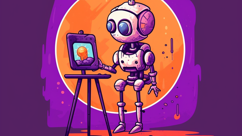 a purple robot holding a paintbrush and painting a picture