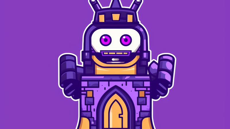 a purple robot guarding a castle