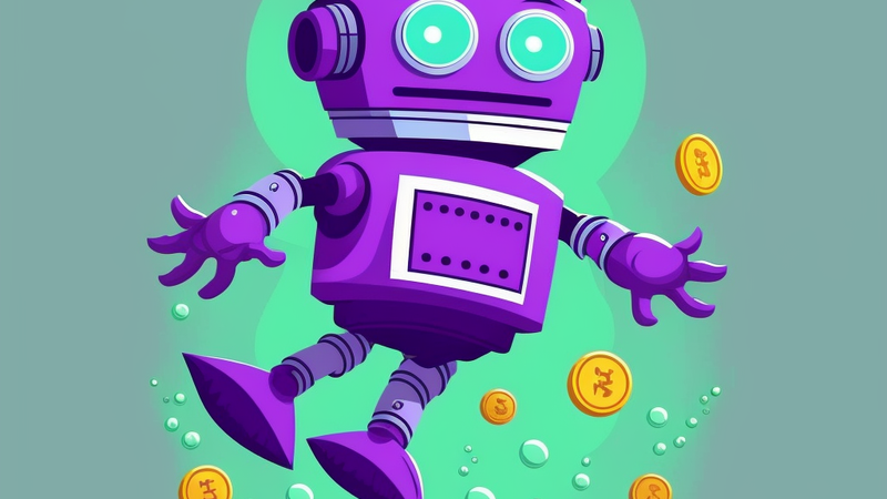a purple robot surrounded by coins